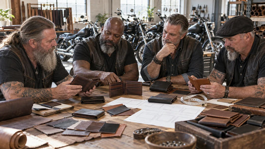 Four mature motorcycle club organizers compare open and folded custom wallet samples at a leather workshop table.