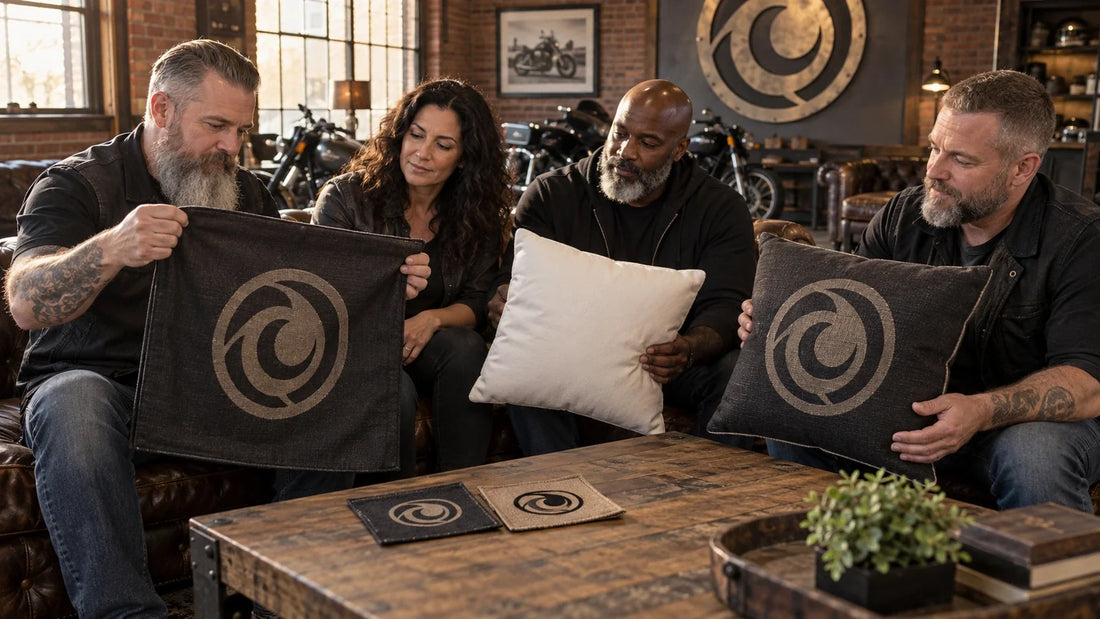 Mature motorcycle club organizers compare cover-only and filled custom cushion samples in a clubhouse lounge.