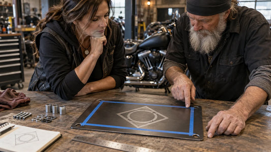 A club designer and fabricator plan mounting holes around an abstract metal-sign emblem.