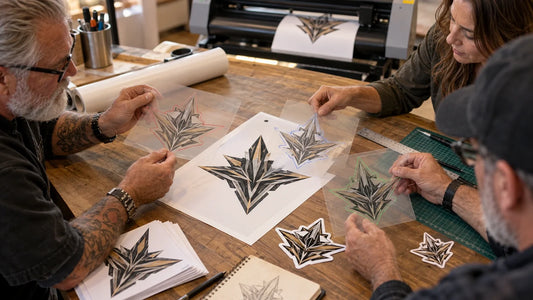 Three motorcycle club artwork reviewers compare cutline options around an abstract wordless sticker design.