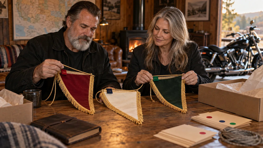 Mature motorcycle club organizers sort recipient-specific exchange pennant variants on a clubhouse table.