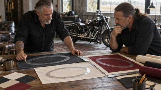 Mature motorcycle club organizers compare square and rectangular flag layouts while preserving one artwork ratio.