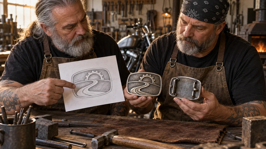 Two motorcycle club metal artisans compare flat abstract artwork with a raised-metal belt buckle sample.