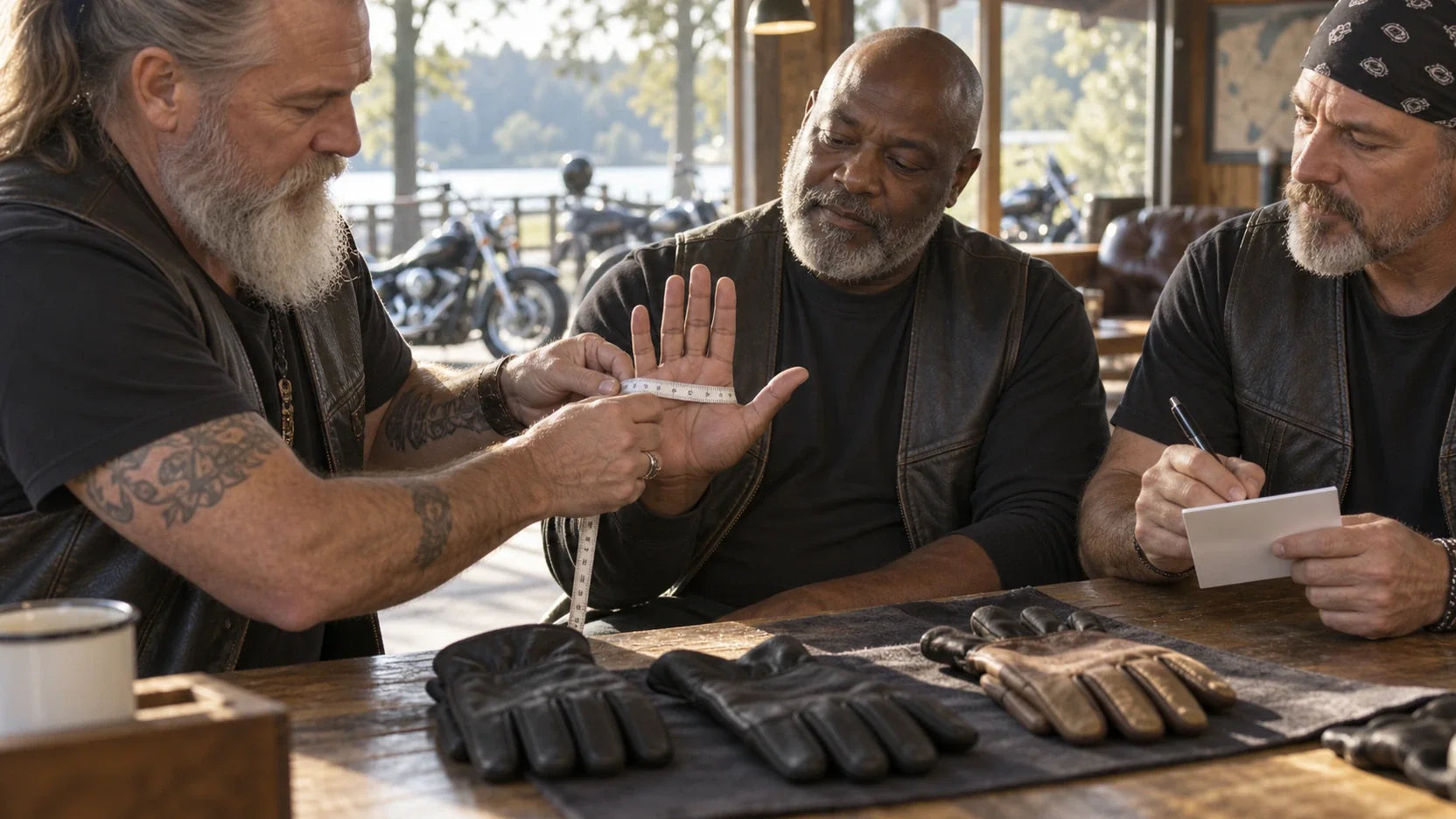 Three mature motorcycle club quartermasters prepare hand measurements for custom glove samples at a sunlit table.