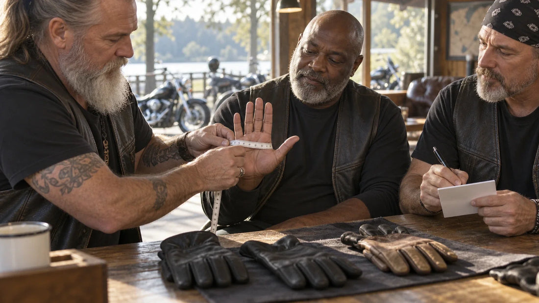 Three mature motorcycle club quartermasters prepare hand measurements for custom glove samples at a sunlit table.