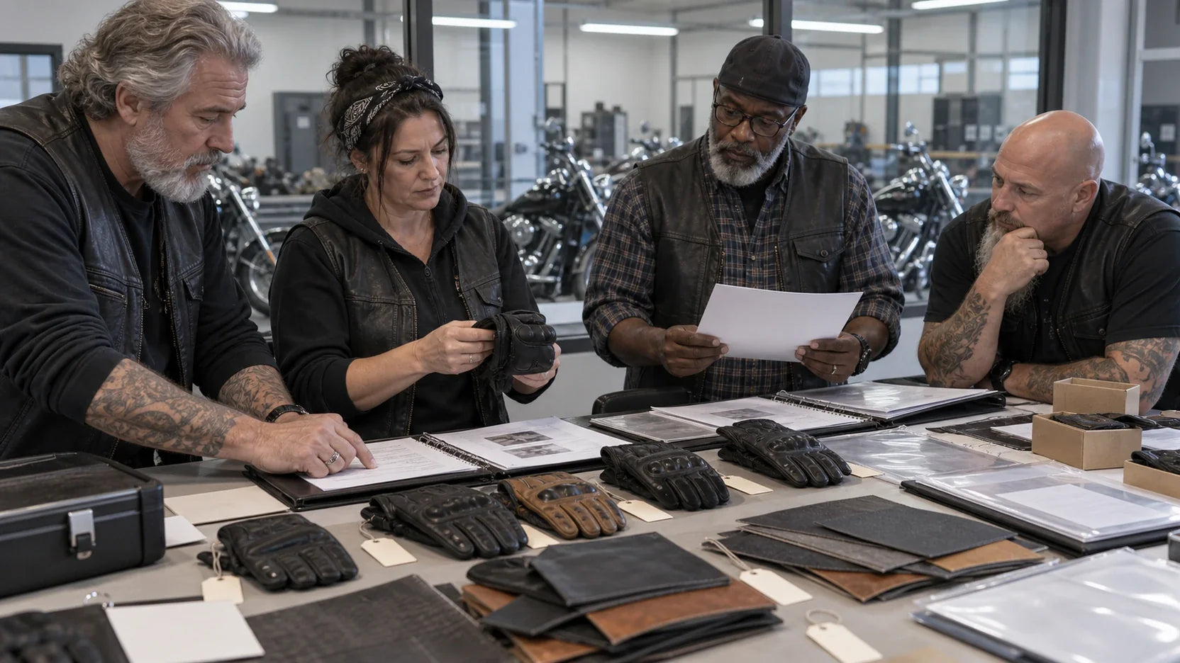 Four motorcycle club procurement volunteers review glove samples, material swatches and blank documentation sleeves.