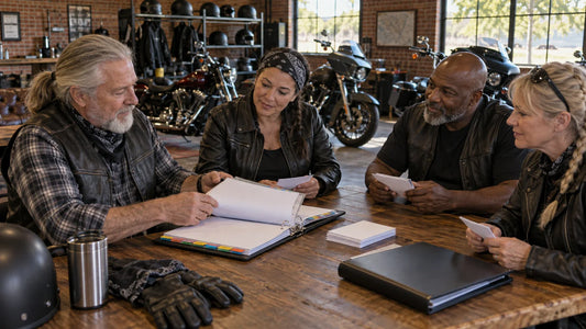 Motorcycle club committee reviewing a policy binder and separate task folders at a meeting table with mature club riders and multiple unbranded heavyweight V-twin cruisers.