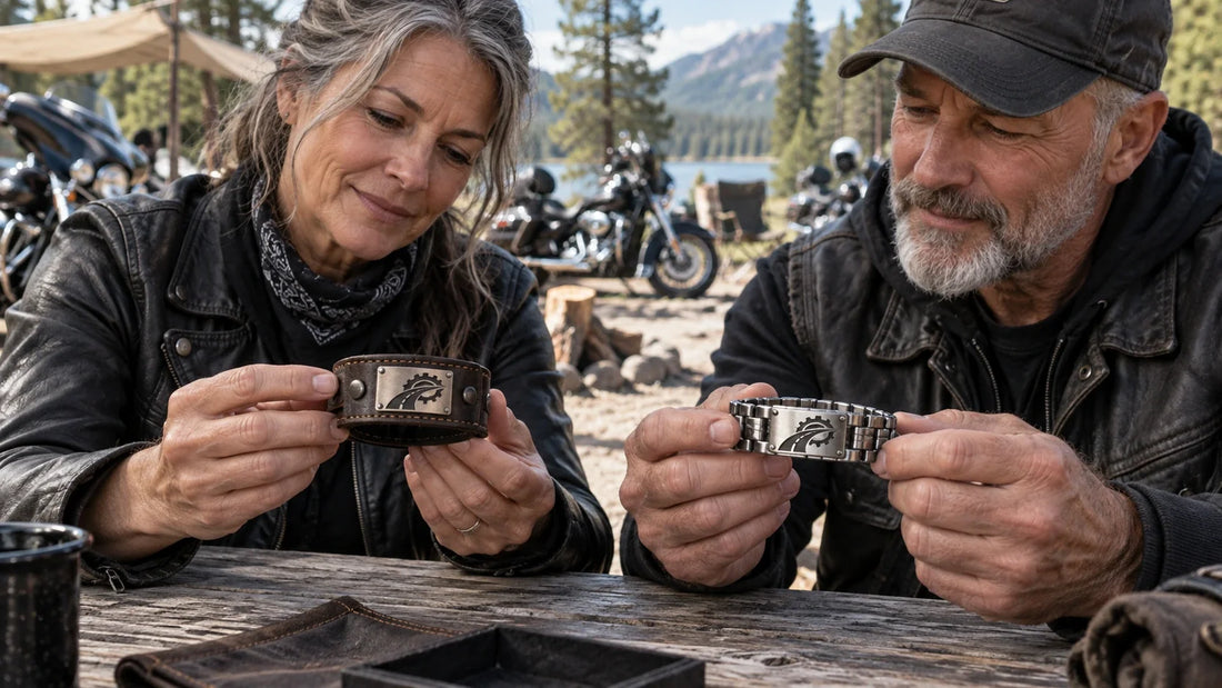Two motorcycle club organizers compare a leather cuff and metal-link bracelet carrying the same abstract emblem.