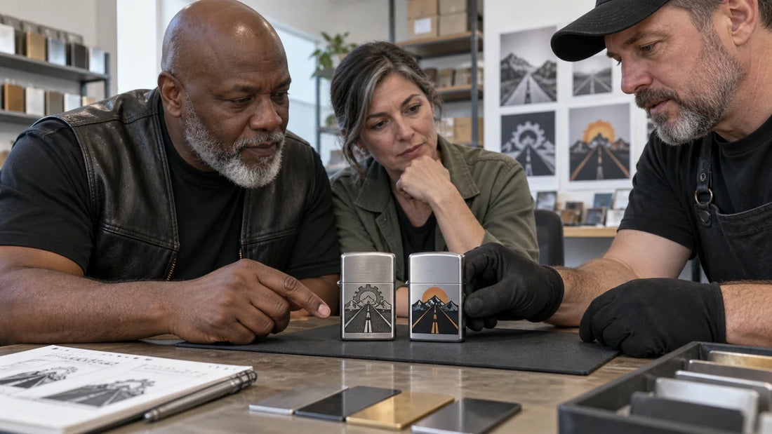 Two club buyers and a technician comparing engraved and printed artwork on the same unbranded lighter model.