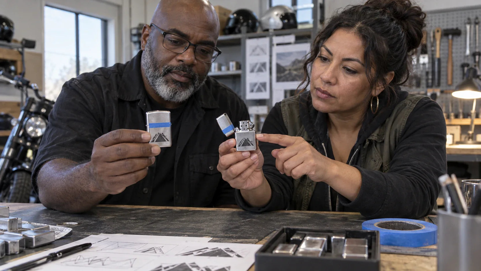 Production coordinator and club organizer comparing closed and open lighter samples with the lid seam clearly marked.