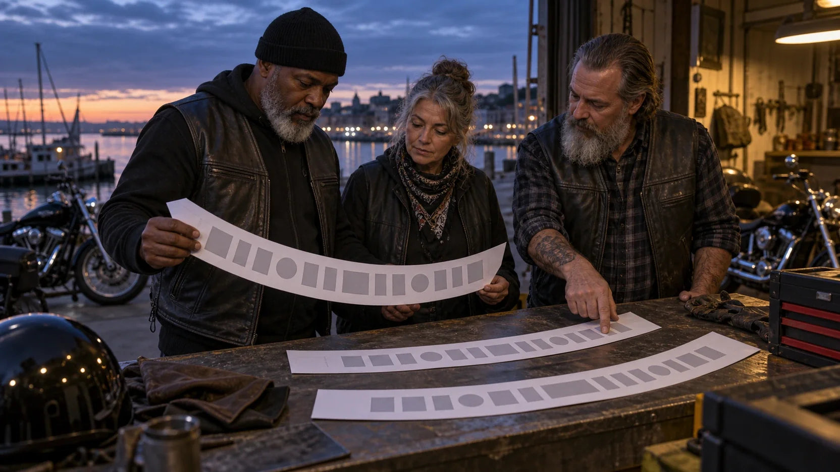 Three motorcycle club organizers compare long curved layout templates with evenly spaced abstract blocks and no readable wording.
