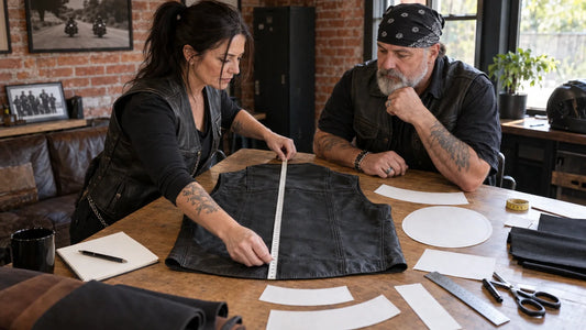 Two motorcycle club organizers measure the back panel of an unworn leather vest before approving a patch layout.