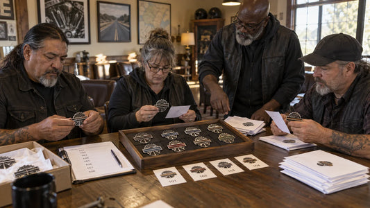 Four club officers checking member badge samples against a controlled roster at a clubhouse administration table.