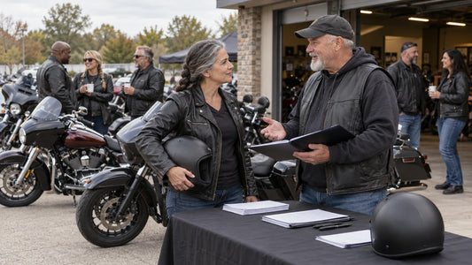 Motorcycle event host talking with a visitor at a community-center information table with mature club riders and multiple unbranded heavyweight V-twin cruisers.