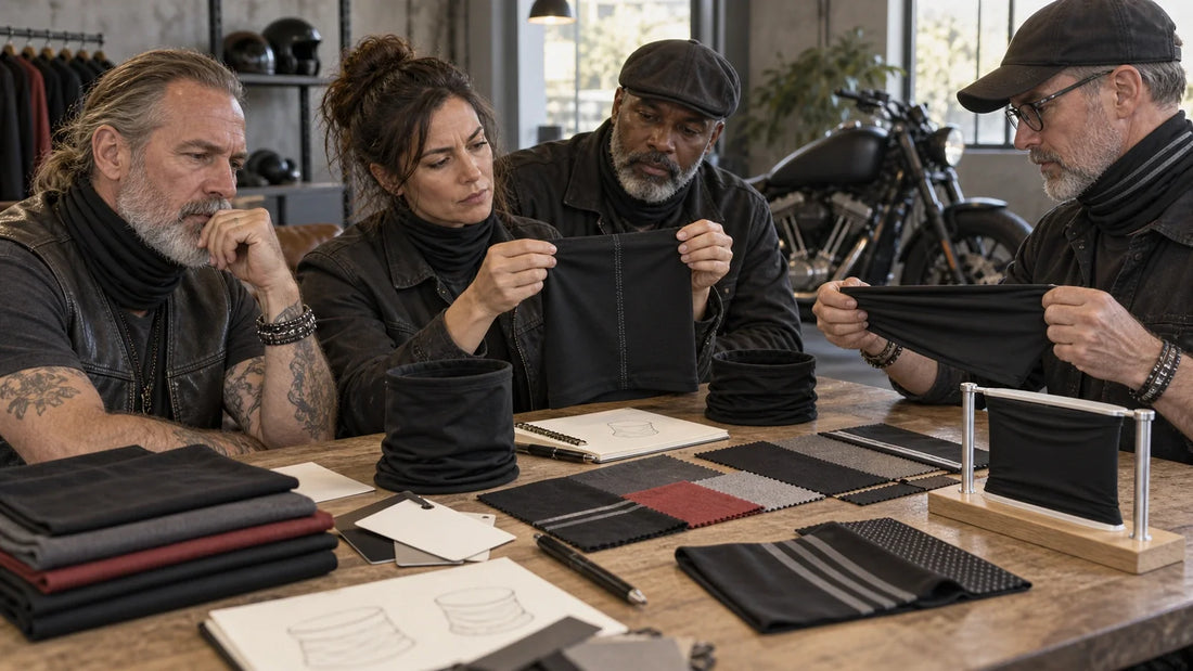 A mature motorcycle club committee examines neck-gaiter fabrics, seams, print samples and blank care records.