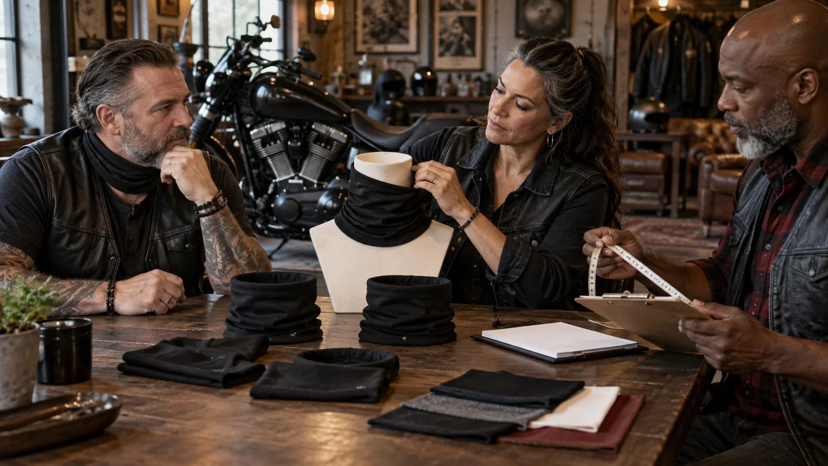 Mature motorcycle club members compare plain neck-gaiter fit samples at a clubhouse table.
