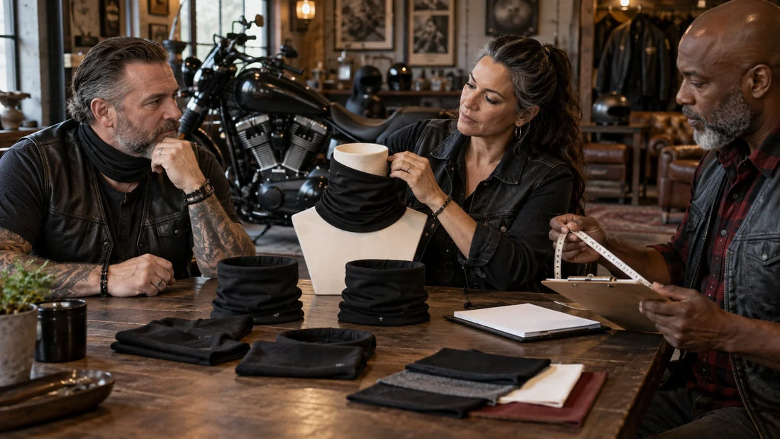Mature motorcycle club members compare plain neck-gaiter fit samples at a clubhouse table.