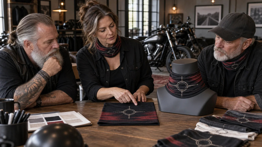 A mature motorcycle club committee compares a flat gaiter graphic with the same design stretched on a neck form.