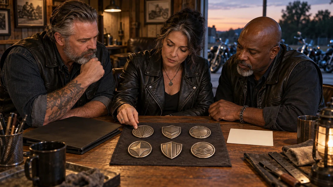 Three mature club organizers compare wordless commemorative badge samples with a blank verification card and order folder.
