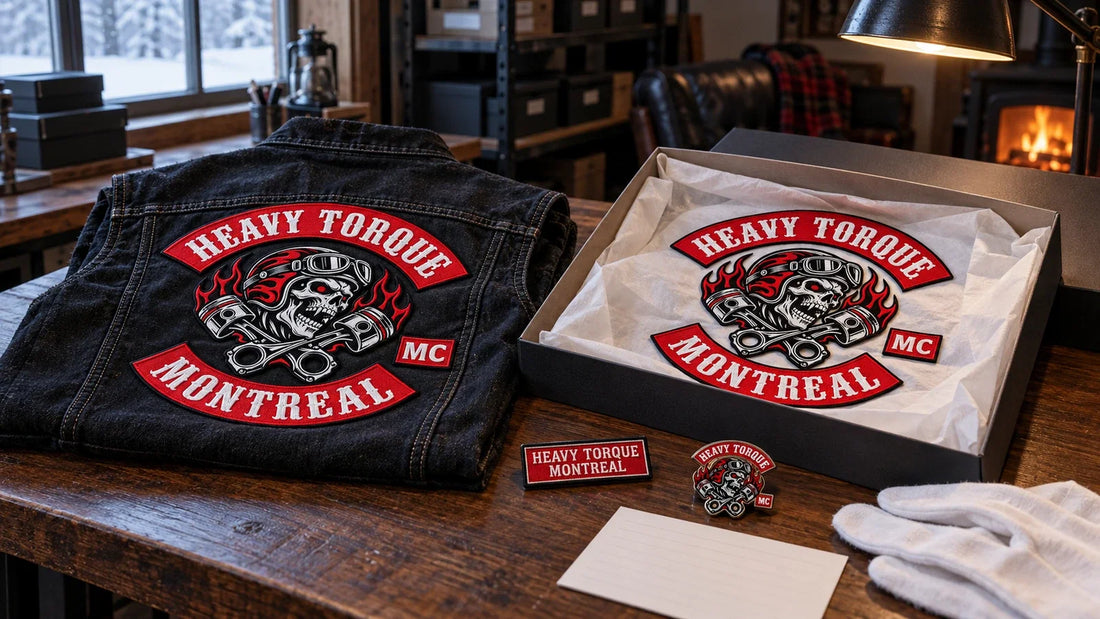 Heavy Torque Montreal vest, embroidered patches and enamel pin arranged for a winter motorcycle club inventory.