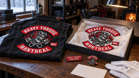 Heavy Torque Montreal vest, embroidered patches and enamel pin arranged for a winter motorcycle club inventory.