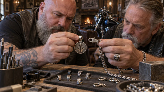 Mature motorcycle club organizers compare engraved, raised-relief, and color-treated pendant samples.