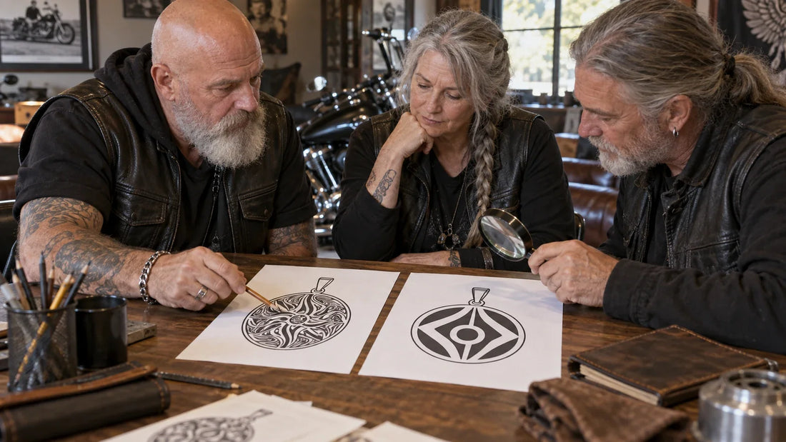Motorcycle club artwork volunteers compare dense and simplified pendant emblem samples at actual size.