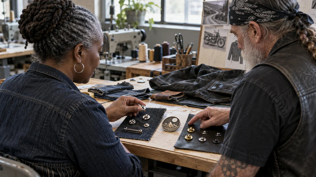 Garment technician and rider comparing club pin backings on denim and leather swatches at a workshop counter.