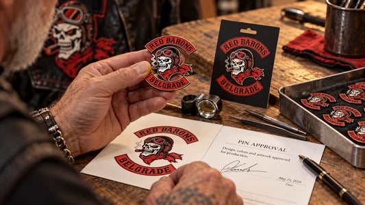 Red Barons editorial scene illustrating how motorcycle club pins can identify events, chapters, roles or commemorations, and why meaning and display rules must come from the issuing organization: featured.