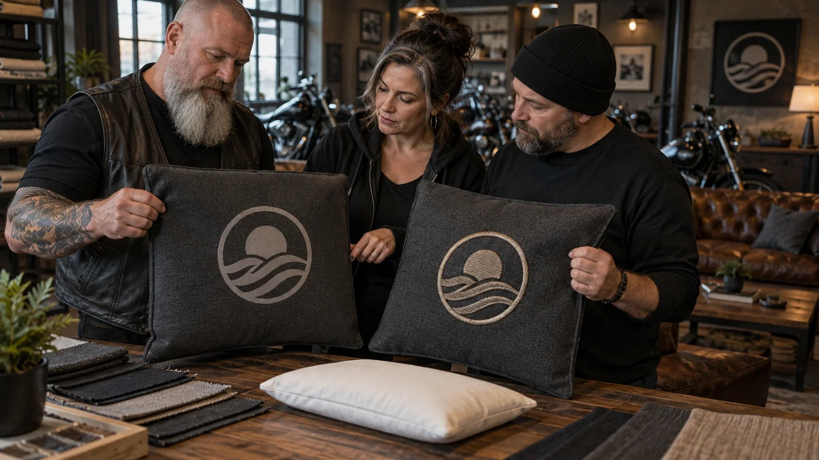 Mature motorcycle club coordinators compare matched printed and embroidered custom cushion covers.