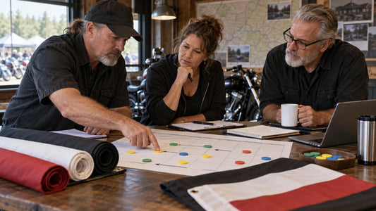 Mature motorcycle club organizers plan flag and banner milestones around a fixed rally date.
