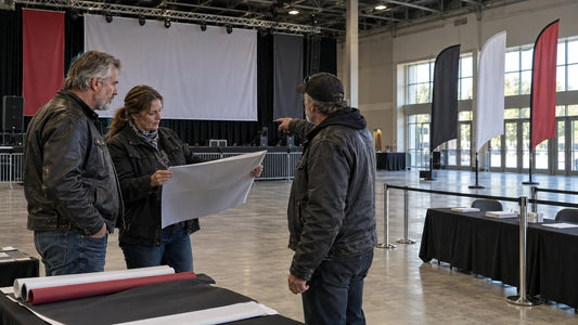 Mature motorcycle club organizers compare flag and banner display positions inside an empty rally hall.