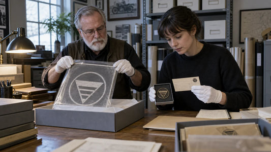 Club archivist and organizer retrieving an approved master proof and original member badge sample for a replacement order.