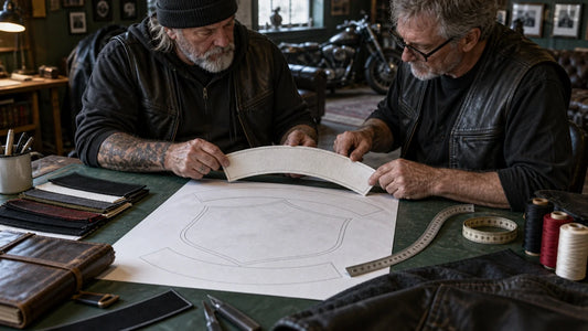 Two motorcycle club organizers measure a blank curved textile sample against a center-patch outline and full-size trace.
