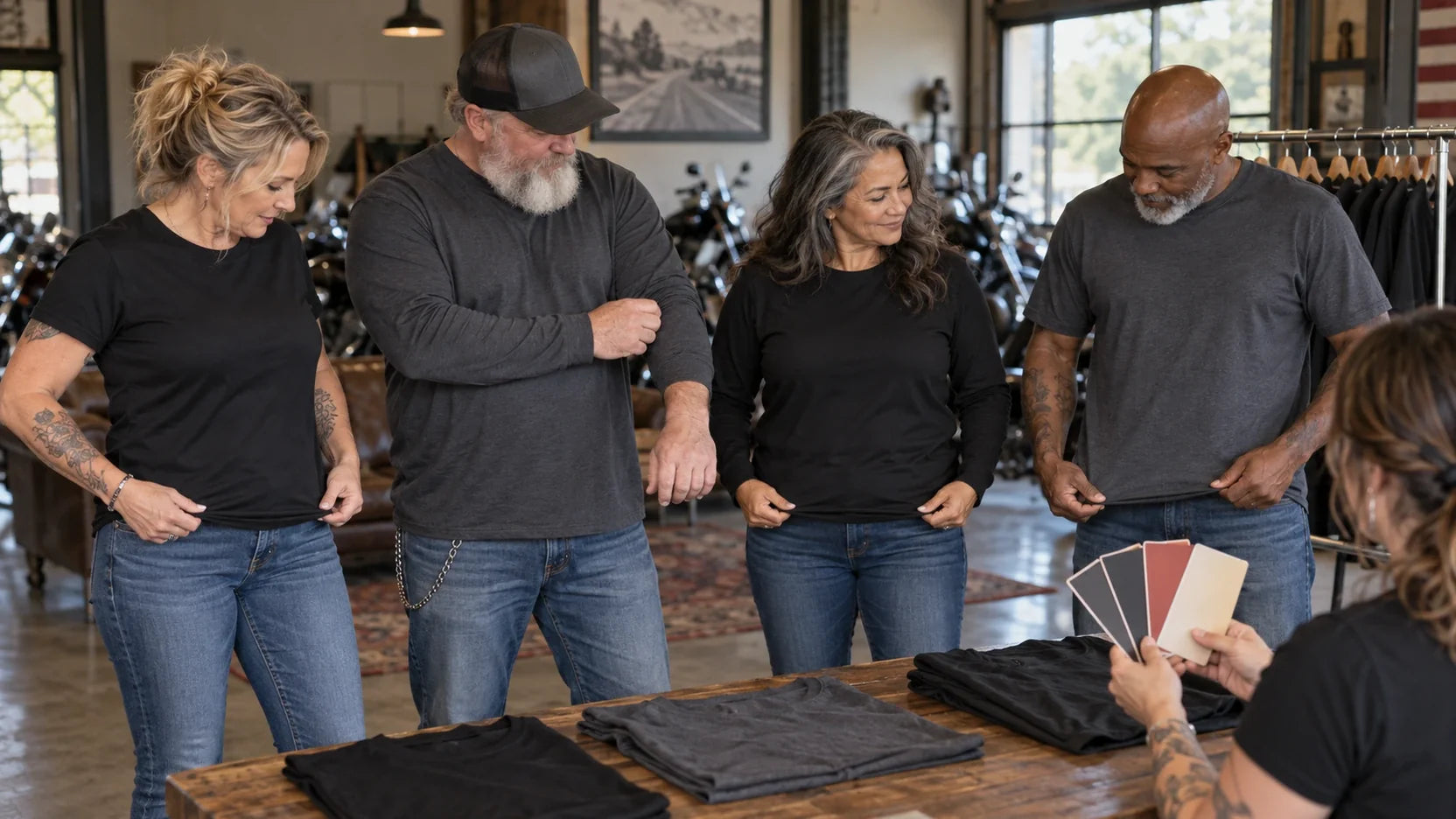 Four mature motorcycle club riders compare physical T-shirt sizes during a controlled clubhouse fitting session.