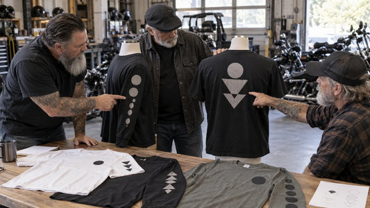 Mature motorcycle club reviewers compare sleeve and back print placement on physical T-shirt samples.
