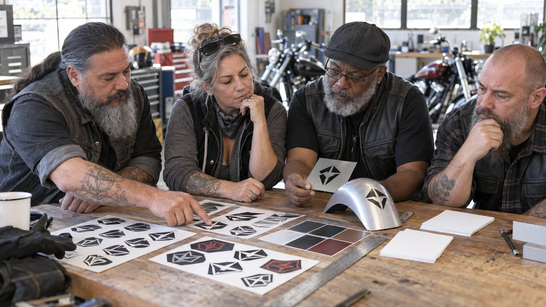 Four motorcycle club organizers compare sticker sheets with flat and curved test surfaces in a print workshop.