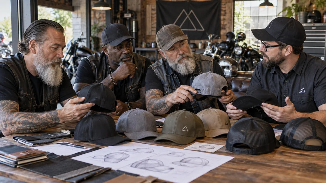 Motorcycle club buyers compare structured and unstructured cap crowns with a cap maker.