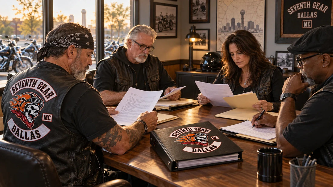 A motorcycle club committee reviews bylaws and task folders with an authorized Seventh Gear emblem visible.