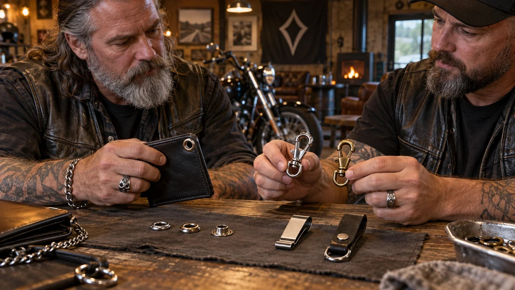 Two mature motorcycle club riders compare wallet eyelets, clasp gates and belt-side attachments at a workbench.