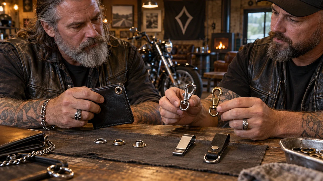 Two mature motorcycle club riders compare wallet eyelets, clasp gates and belt-side attachments at a workbench.
