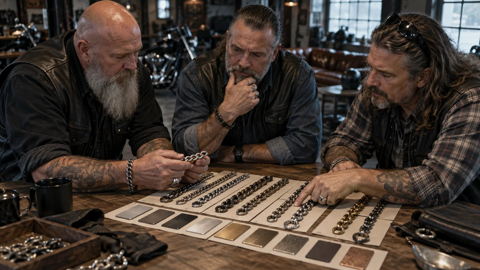 Three mature club organizers compare unbranded wallet-chain link profiles and finish samples on a clubhouse table.