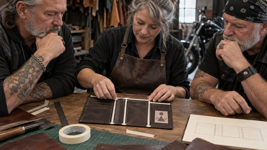 Two older motorcycle club organizers map folds and stitching around a wallet's flat logo panel with a craftsperson.