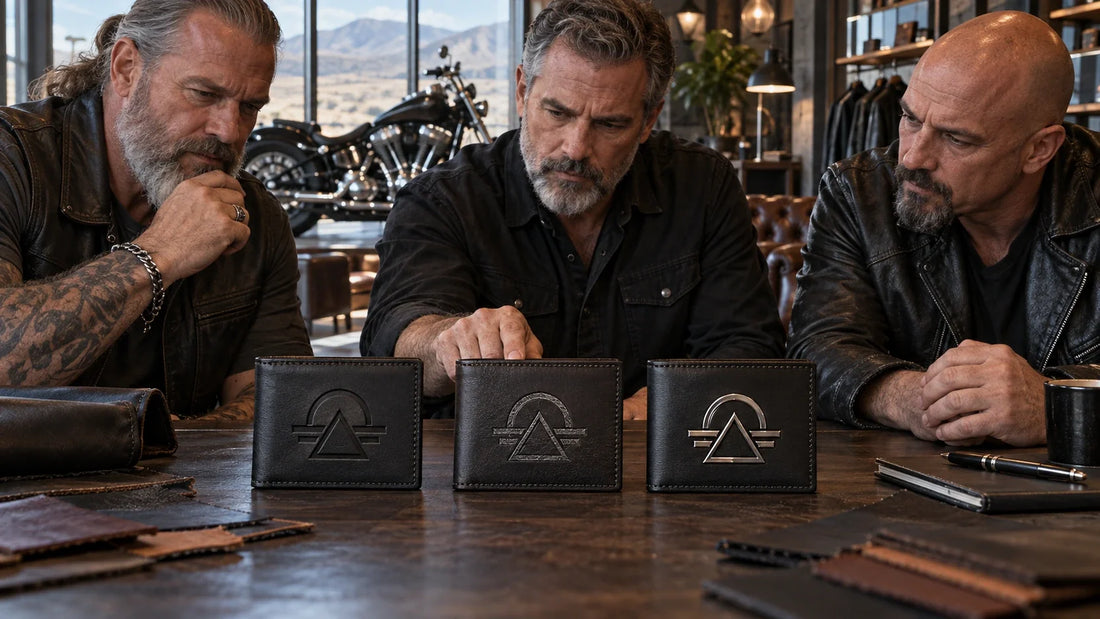 Three mature motorcycle club organizers compare debossed, engraved-style and applied metal logo samples on biker wallets.