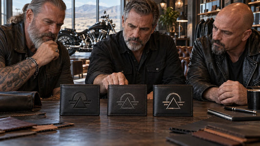 Three mature motorcycle club organizers compare debossed, engraved-style and applied metal logo samples on biker wallets.