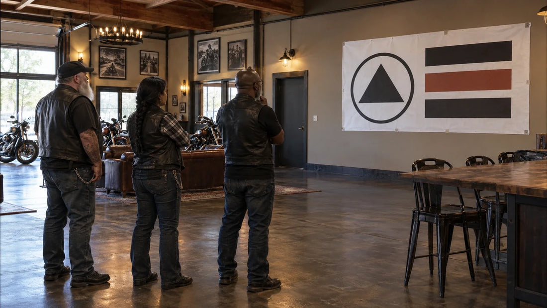 Mature motorcycle club members test a full-scale clubhouse sign proof from across the room.