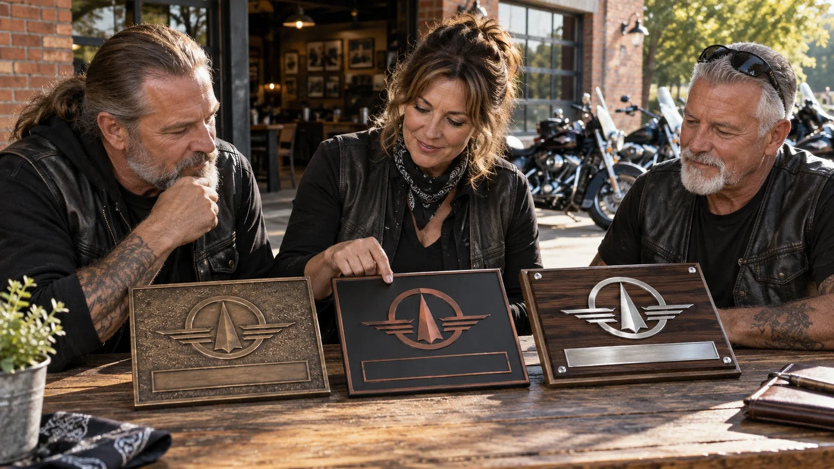 Mature motorcycle club organizers compare three commemorative plaque construction samples at a clubhouse table.
