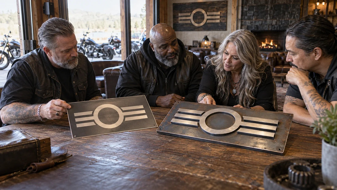 Mature club organizers compare flat wall art with a dimensional metal clubhouse sign.