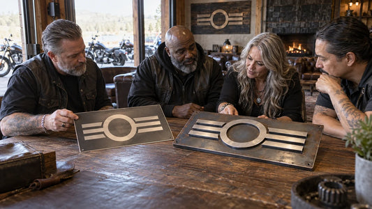 Mature club organizers compare flat wall art with a dimensional metal clubhouse sign.