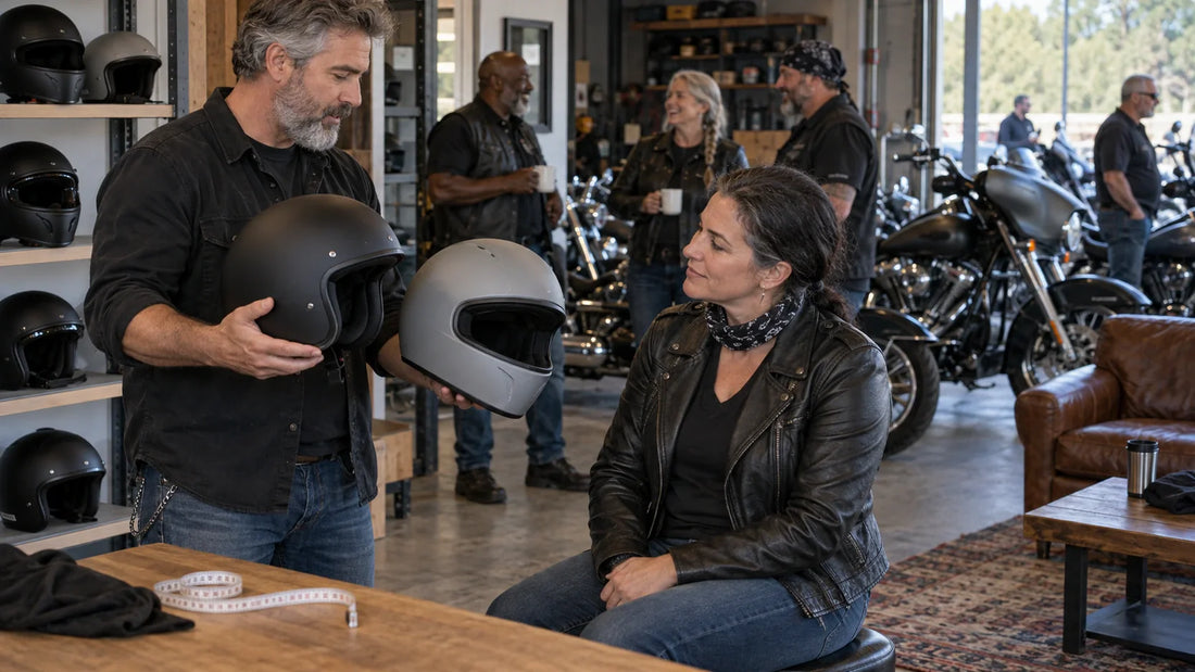 Motorcycle rider and helmet fitter comparing two helmet shapes in a fitting room with mature club riders and multiple unbranded heavyweight V-twin cruisers.